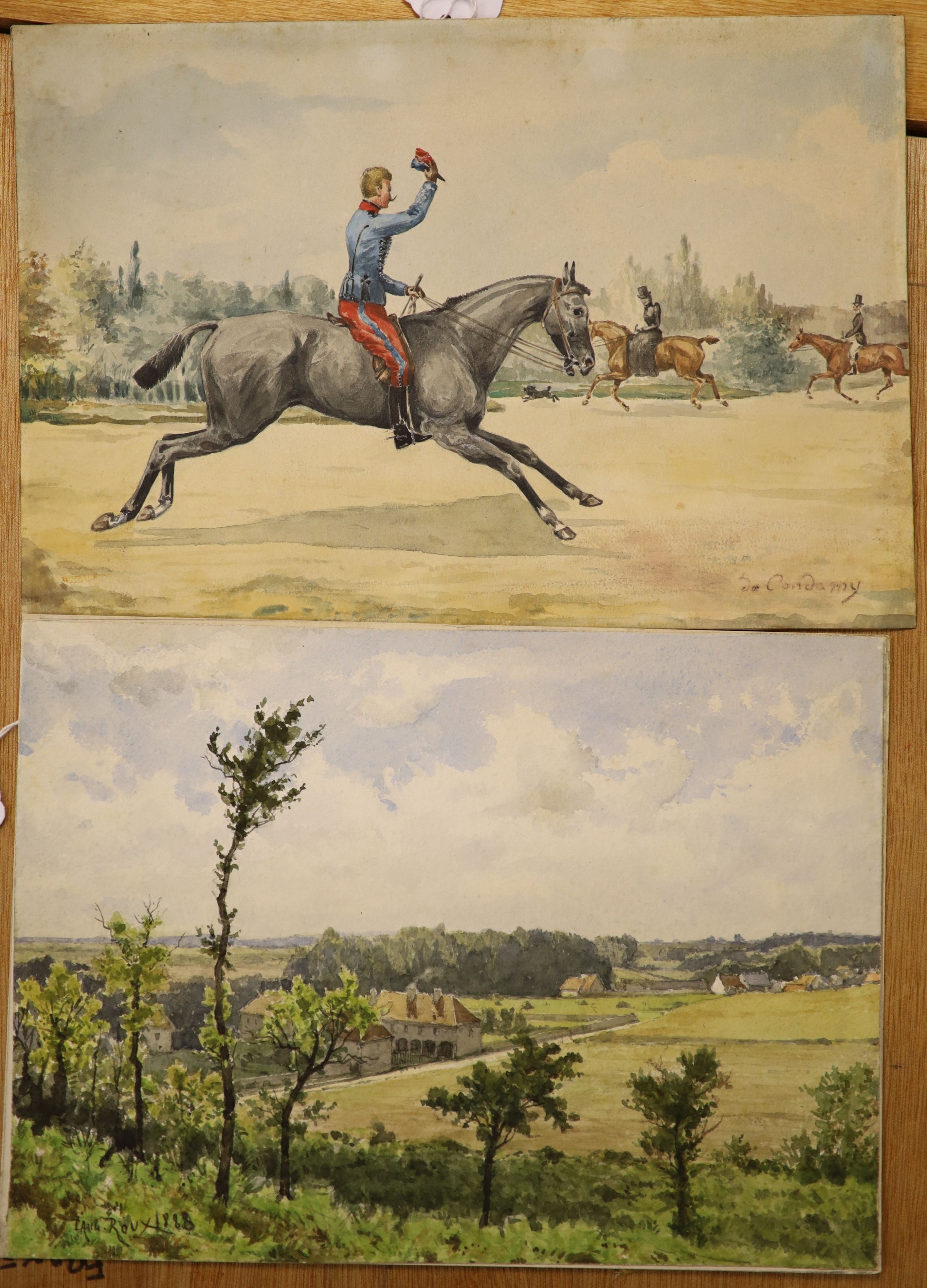 Paul Roux (French, 1845 - 1918) rural landscape, waterolour on paper, signed lower right, together with a study of a Cavalry officer saluting ladies, watercolour on paper signed de Condamy, 21 x 31cm.